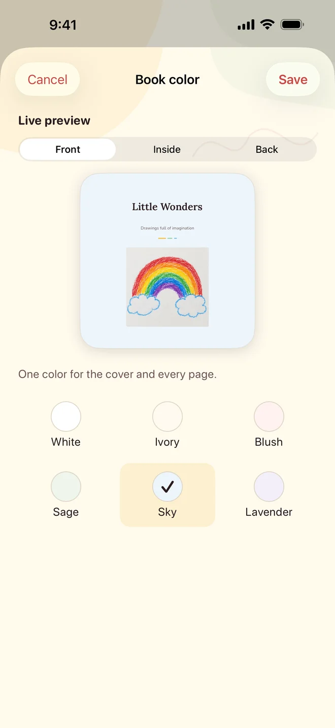 The app’s book editor with a rainbow cover, the title Little Wonders, and six book colors