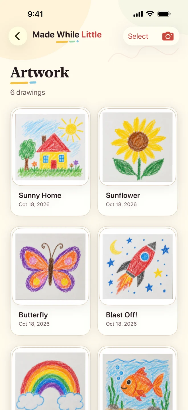 The app’s Artwork collection showing a house, sunflower, butterfly and rocket drawing